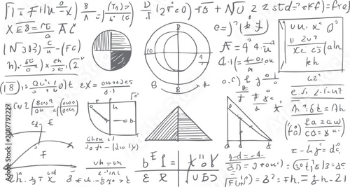 Fotografie Handwritten mathematical equations and geometric diagrams on a white background