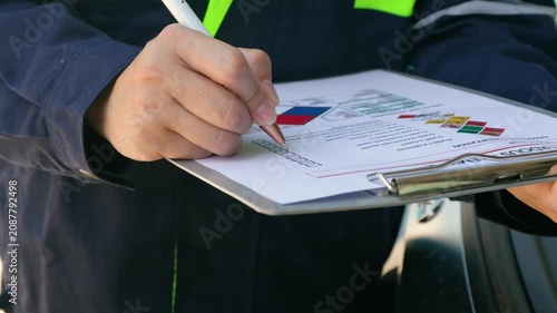 A safety engineer is using pen to rating the health risk assessment level of chemical hazardous material in the paperwork form. Industrial safety working scene, close-up and selecitve focus.