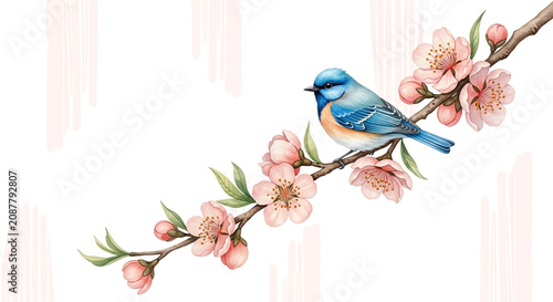 Watercolor illustration of a blue bird perched on a blooming cherry blossom branch with pink flowers on white
