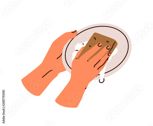 Hands washing plate with sponge and soap foam. Manual dishwashing, kitchen ho...
