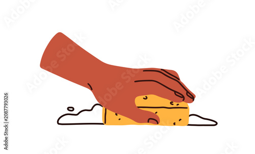 Hand holding sponge, cleaning and scrubbing surface, housework. Washing, wipi...