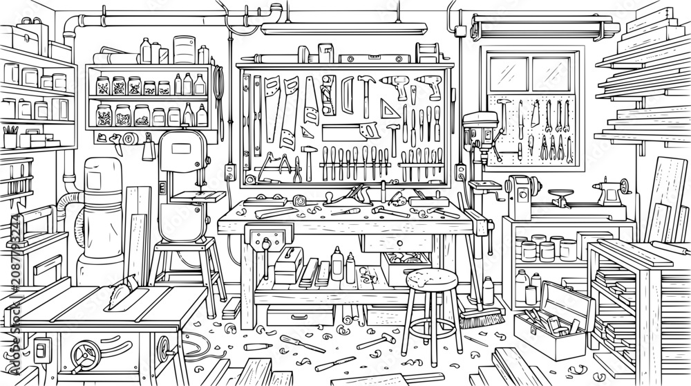 Fototapeta premium Detailed Woodworking Workshop Line Art Illustration for Coloring