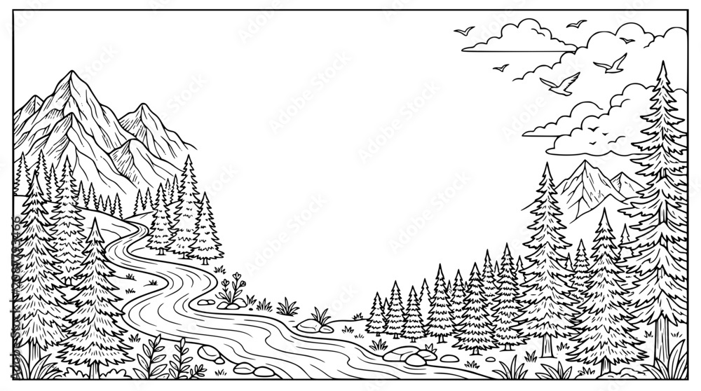 Fototapeta premium Scenic mountain landscape with river and pine forest coloring page line art