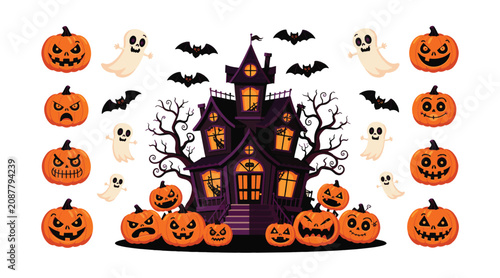 Spooky halloween haunted house surrounded by carved pumpkins, flying bats, and friendly ghosts on white background