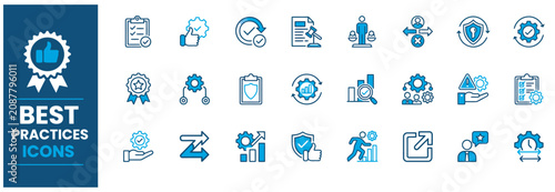 Set of best practices icons featuring blue and black line art for business process management