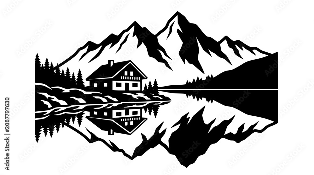 Fototapeta premium Black and White Vector Illustration of a Mountain Cabin Reflecting in a Lake