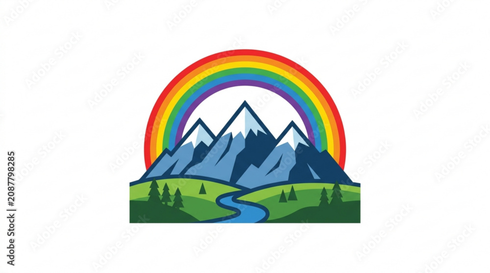 Naklejka premium Rainbow mountain landscape, scenic nature icon, colorful vector graphic, environmental symbol