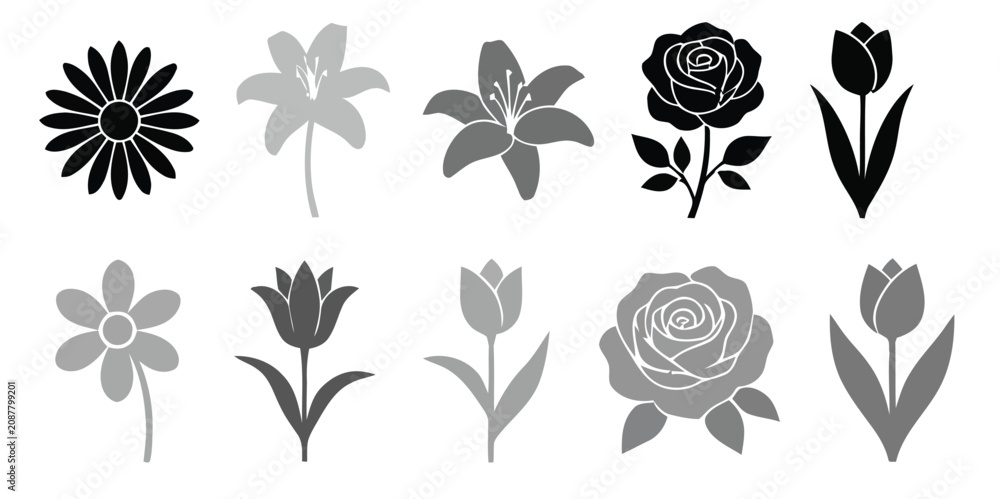 Fototapeta premium Floral silhouettes collection roses tulips lilies and daisies in grayscale