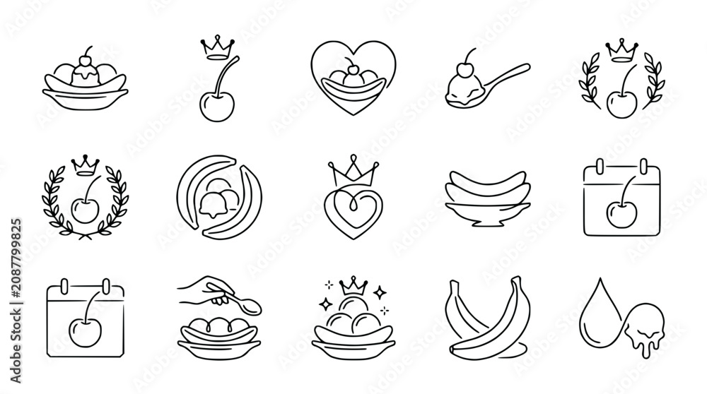 Fototapeta premium Ice Cream & Banana Desserts Icons: Banana Split, Cherry Sundae, Fruit Treats - Line Art Collection