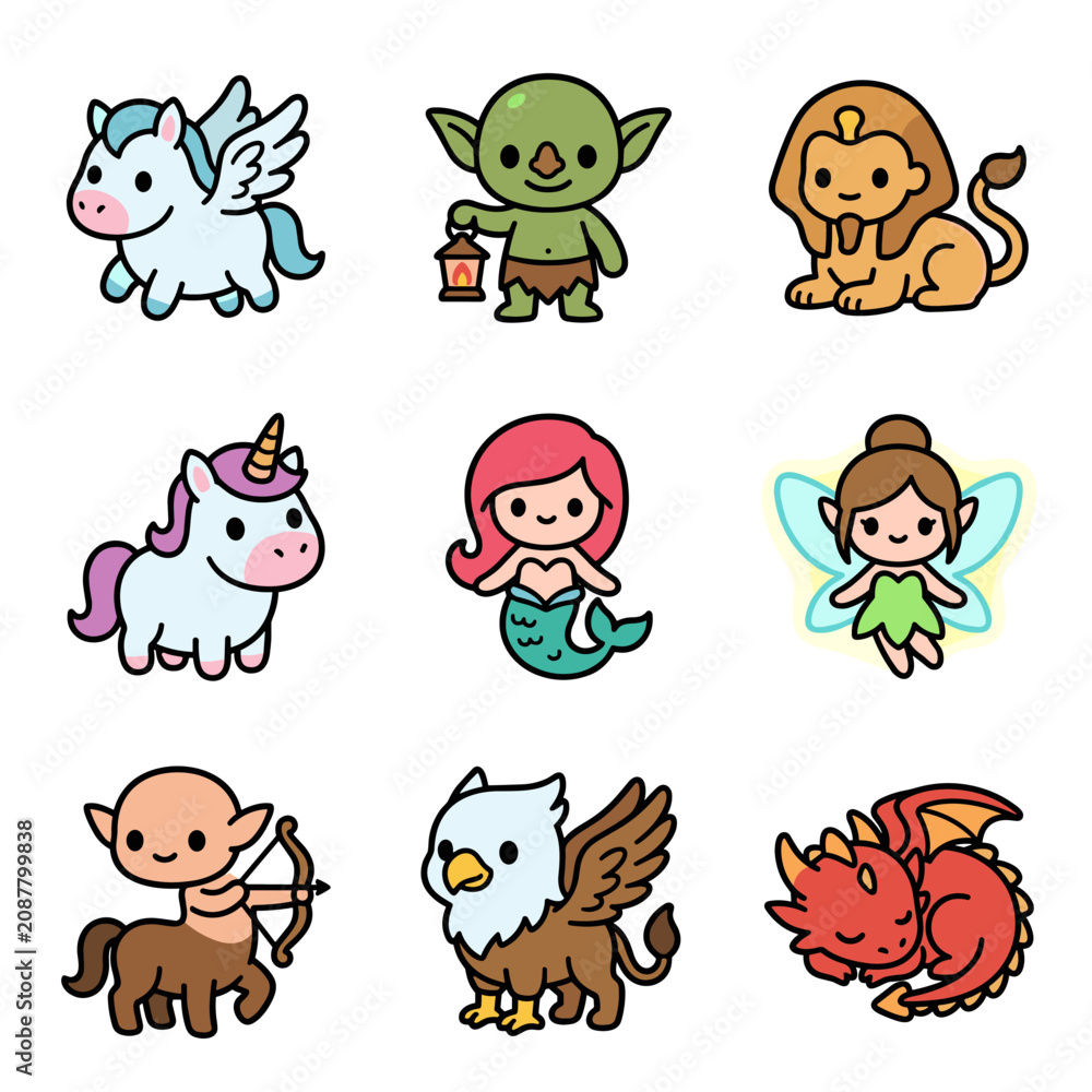 Fototapeta premium Cute cartoon fantasy creatures vector illustration set, mythical animals, fairytale characters including unicorn, griffin, dragon, and more for kids