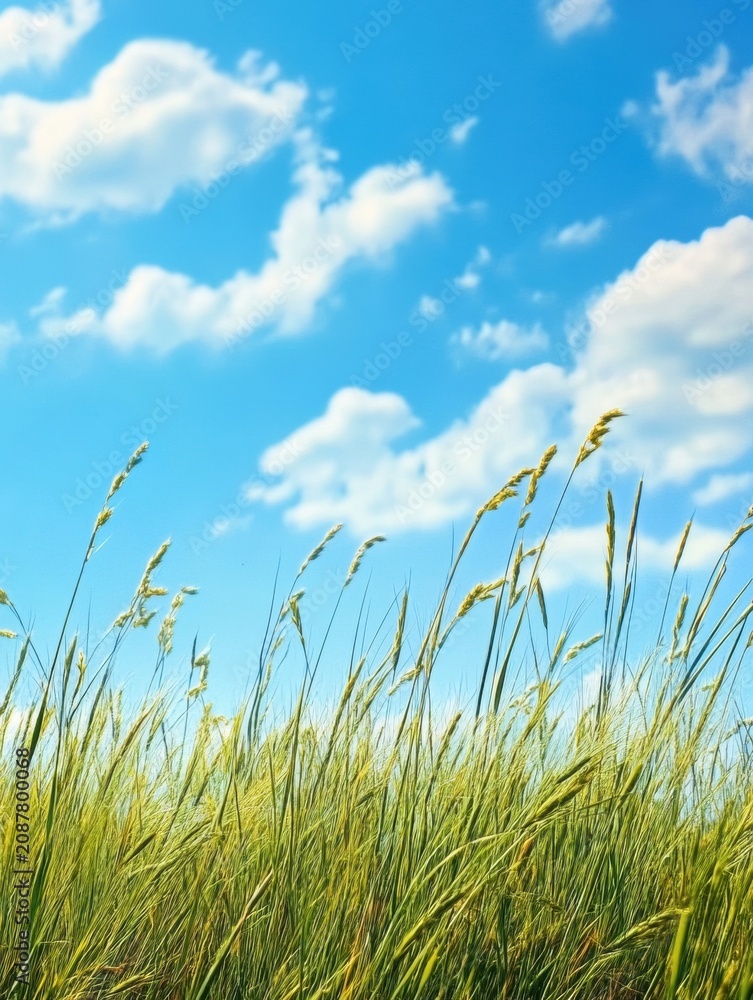 Fototapeta premium Tall grass swaying against a bright blue sky with white clouds