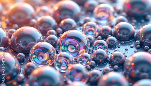 The image depicts numerous spherical bubbles of varying sizes scattered across a reflective surface