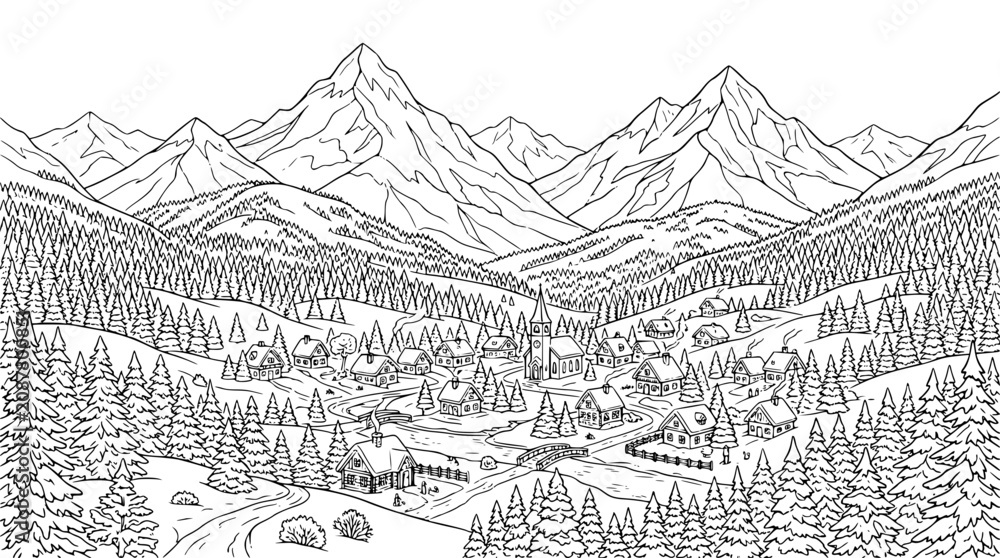 Fototapeta premium Mountain Village Landscape Coloring Page Line Art Illustration