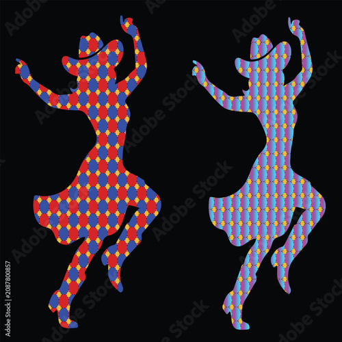 Halftone Dot Dancing Cowgirl Silhouette Vector Set with Cowboy Hat for Western T Shirt, Rodeo, Country Music, Logo and Branding Design.