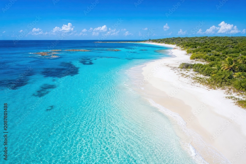 Obraz premium Aerial drone view of pristine turquoise ocean waves crashing on white sand tropical beach with lush green coastline, serene summer paradise, vibrant coastal landscape, clear blue sky, travel.