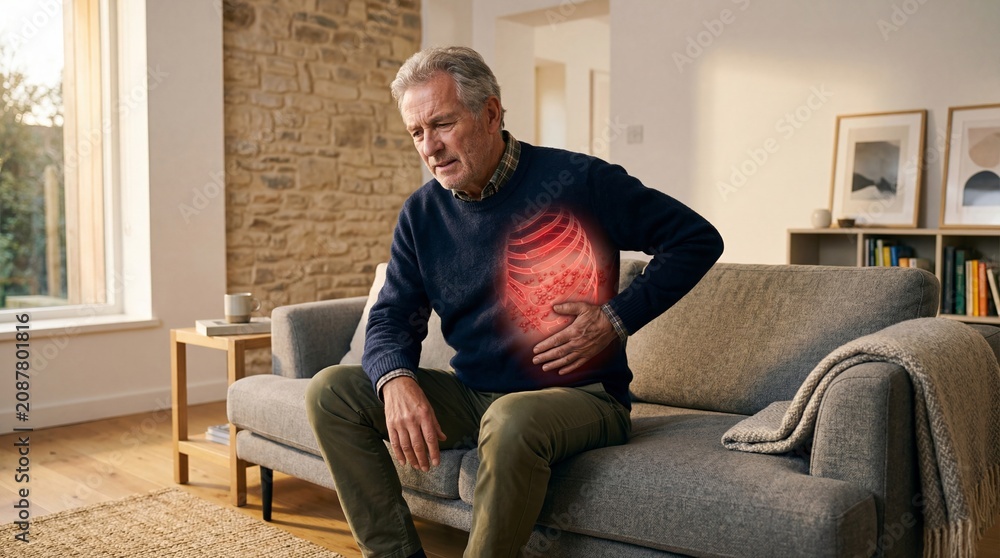 Fototapeta premium Senior man touching abdomen with painful expression in home interior. Stomach ache or digestive problem visualization with holographic illustration. Healthcare, aging and medical concept.