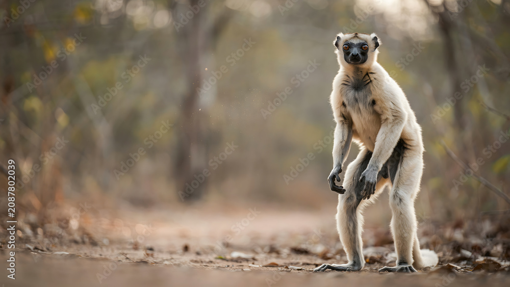 Obraz premium Lemur Standing Alert in Dry Forest Habitat, Wildlife Portrait of Primate Mammal, Madagascar Nature Scene, Endangered Species, Wild Animal Behavior, Natural Environment, Outdoor Photography