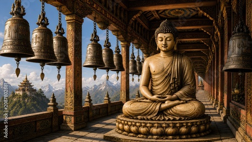 Majestic Buddha Statue with Temple Bells in Himalayan Monastery Corridor