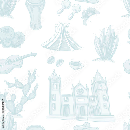 Photography South America travel  illustration with landmarks, tropical animals, palm trees, exotic flowers and ocean background