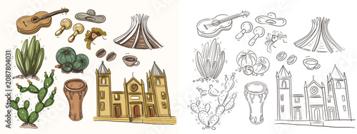 Photography South America travel  illustration with landmarks, tropical animals, palm trees, exotic flowers and ocean background