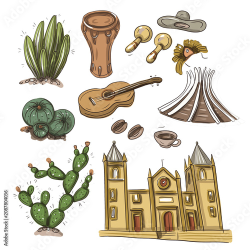 Canvas Print South America travel  illustration with landmarks, tropical animals, palm trees, exotic flowers and ocean background