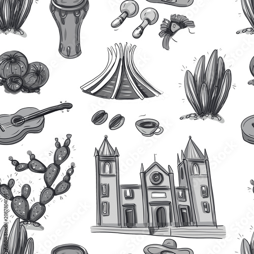 Photography South America travel  illustration with landmarks, tropical animals, palm trees, exotic flowers and ocean background
