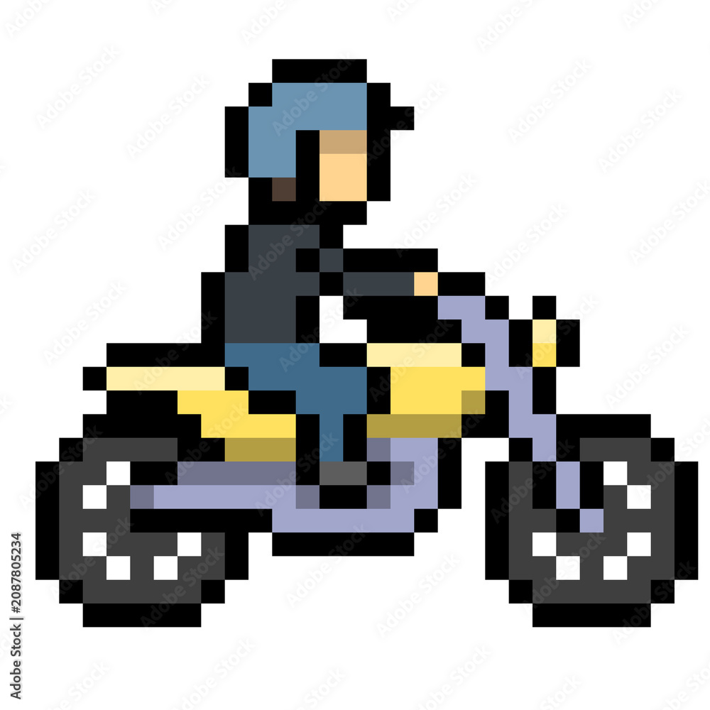 Fototapeta premium Cute 8 bit pixel motorbike illustration, man riding a motorcycle with helmet