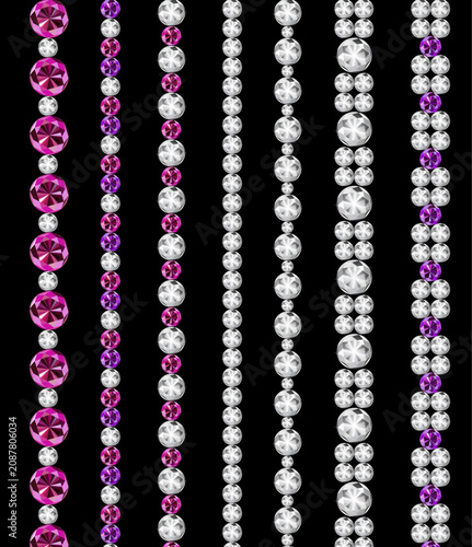 Repeating pattern of colorful gems and diamonds on a black background sparkling jewelry design