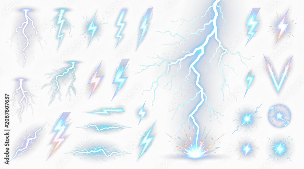 Fototapeta premium Electric Lightning Bolt Effects Collection with Thunder Strike and Energy Sparks Vector Set isolated on white background