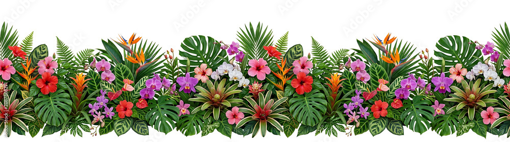 Obraz premium Vibrant tropical flower and foliage seamless border with orchids. hibiscus. and Bird of Paradise