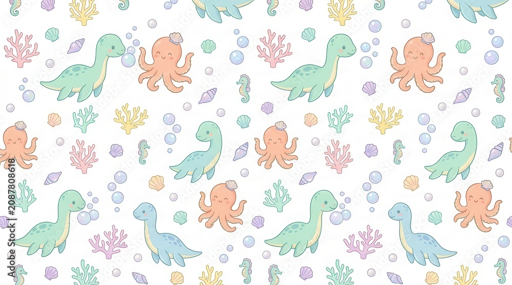 Obraz premium Cute cartoon plesiosaurs and octopuses play with bubbles in a delightful ocean scene