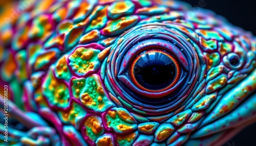 A close up of a colorful, textured creature's face features a prominent, large eye with a dark, reflective surface surrounded by vibrant, patterned skin