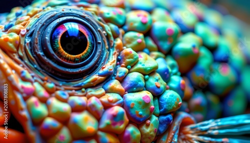 The image features a close up of a vibrant, wide open eye surrounded by multicolored, textured elements that resemble small, rounded structures with speckles of pink, yellow, and blue