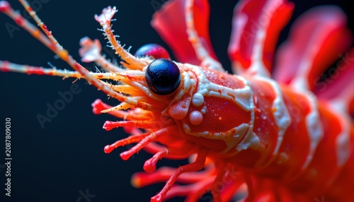 The image features a close up view of a vivid, brightly colored marine creature with intricate details