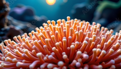 The image prominently features a vibrant sea anemone with numerous tubular tentacles in shades of pink, orange, and white