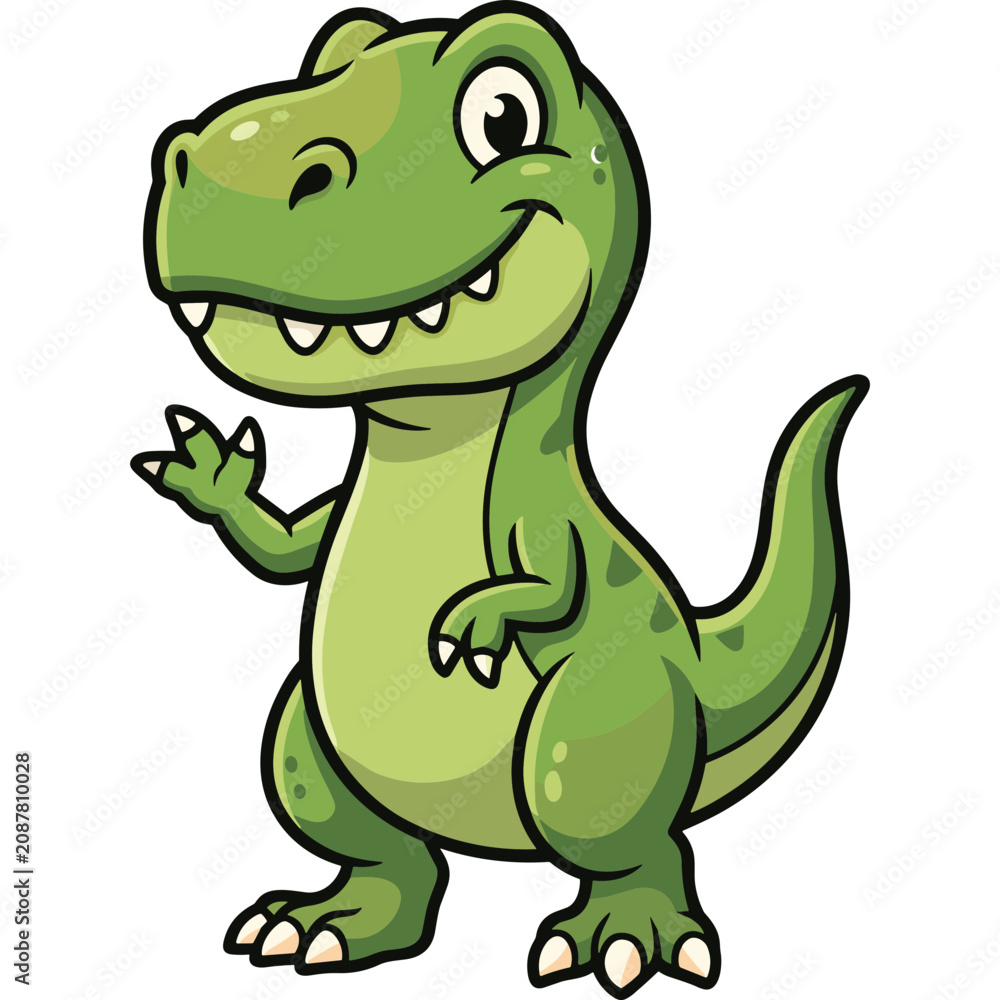 Fototapeta premium A smiling green dinosaur waving its hand standing alone in an empty space