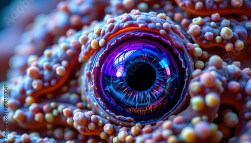 The image features a close up of a vibrant, detailed eye surrounded by textured, colorful tissue