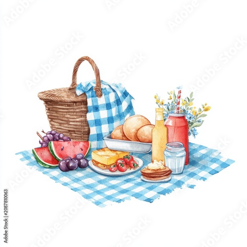 Vibrant Picnic Scene with Basket, Fruits, Bread, Cheese, and Flowers on Blue Checkered Cloth