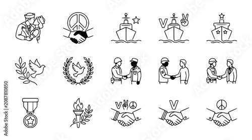 Quadro su tela Peace and Unity Icons: Handshakes, Dove, Peace Sign, Military Ships, Torch, Meda