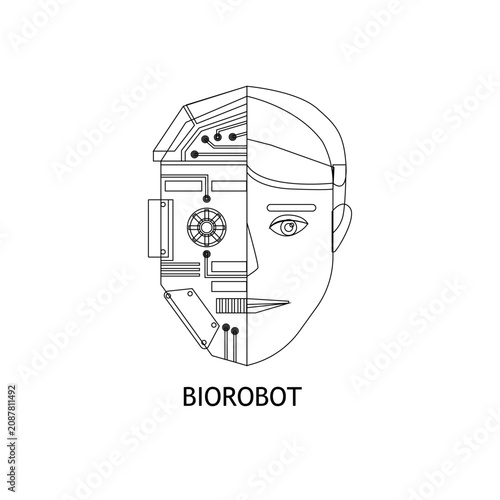 Minimalist line art icon of a biorobot head showing half human and half robotic face for artificial intelligence concept
