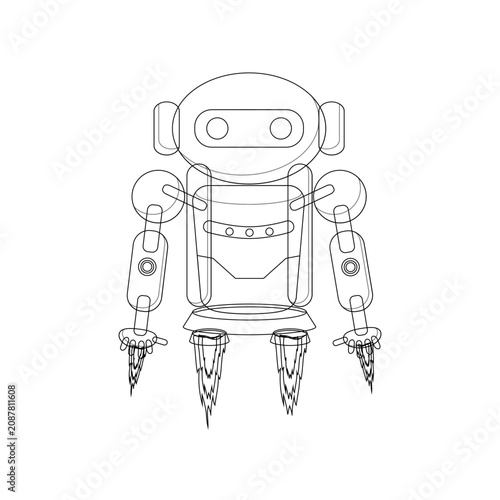 Minimalist line art icon of flying robot with thrusters for artificial intelligence automation and futuristic digital technology for design
