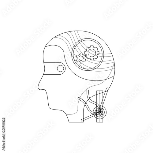 Minimalist line art icon of a robotic head with gears representing artificial intelligence machine learning and futuristic digital technology
