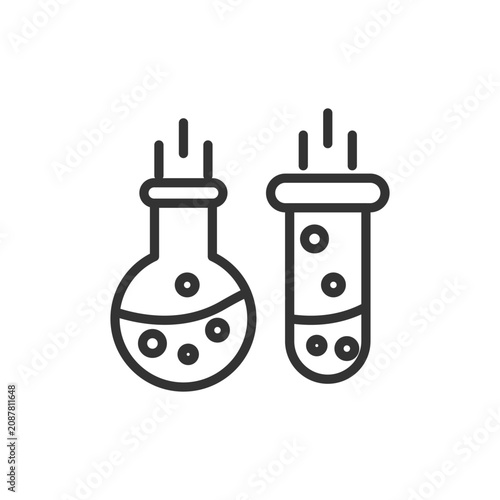 Simple line art icon of chemistry lab equipment with boiling flask and test tube for scientific research and education
