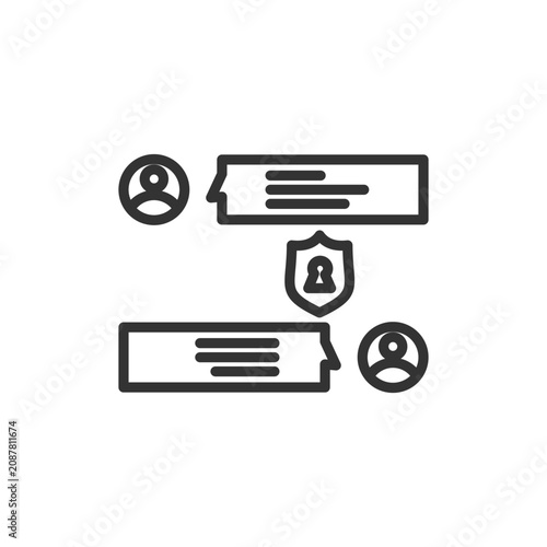 Secure messaging icon depicting private conversation between two users with encryption shield for data protection and cyber security concept
