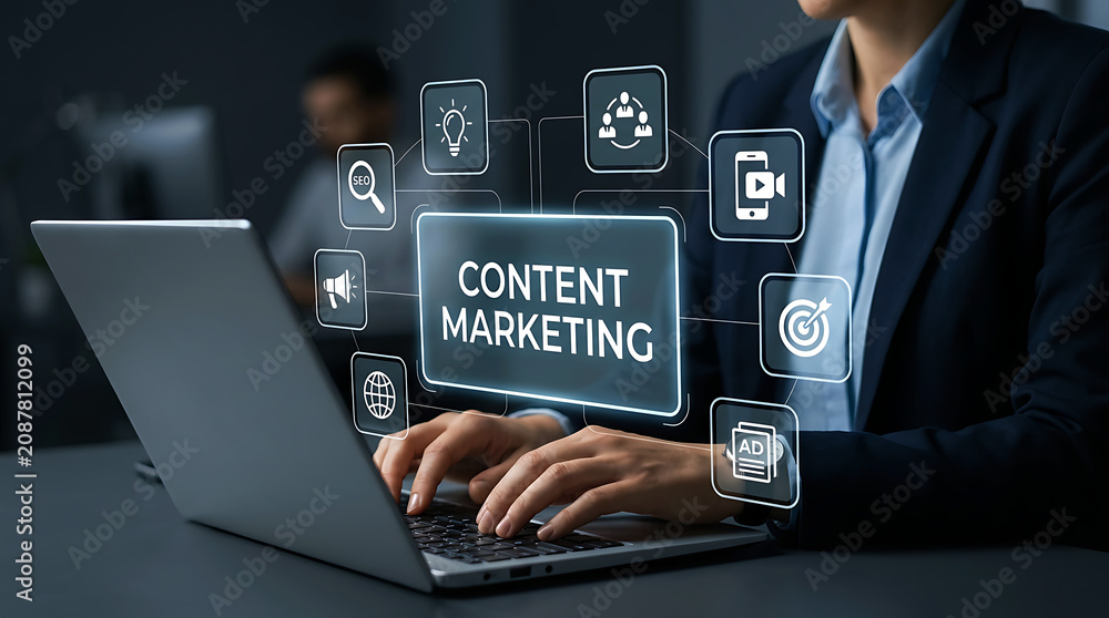 Fototapeta premium Content Marketing Strategy Interface With SEO Video And Ad Campaign