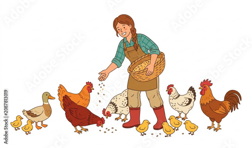 Female Farmer Feeding Poultry Birds Vector Illustration for Agriculture and Rural Life