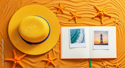 Summer travel flat lay on orange sand, yellow sun hat with starfish and open notebook, beach vacation memories and holiday planning concept