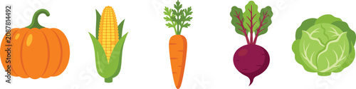 Fresh Vegetable Icon Collection Vector Set Featuring Pumpkin, Corn, Carrot, Beetroot and Cabbage for Organic Food, Farm, Grocery and Healthy Nutrition Design