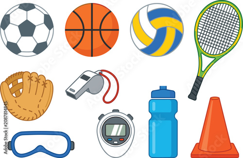 Sports Equipment Collection Vector Set Featuring Soccer Ball, Basketball, Volleyball, Tennis Racket, Baseball Glove, Whistle, Stopwatch, Water Bottle and Training Cone
