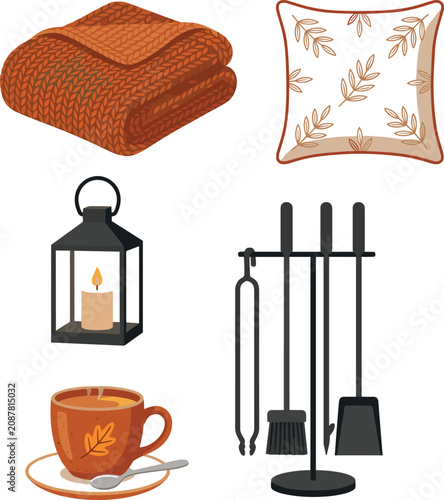 Cozy Home Comfort Vector Collection Featuring Knitted Blanket, Decorative Pillow, Candle Lantern, Fireplace Tools and Hot Tea for Hygge Lifestyle Design
